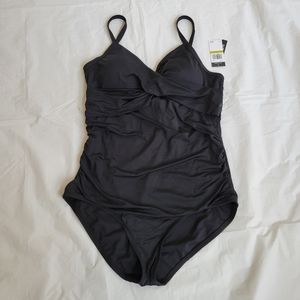 Jantzen Surplice Front Deep V-neck Runching One-piece Black Swimsuit NEW Size 14